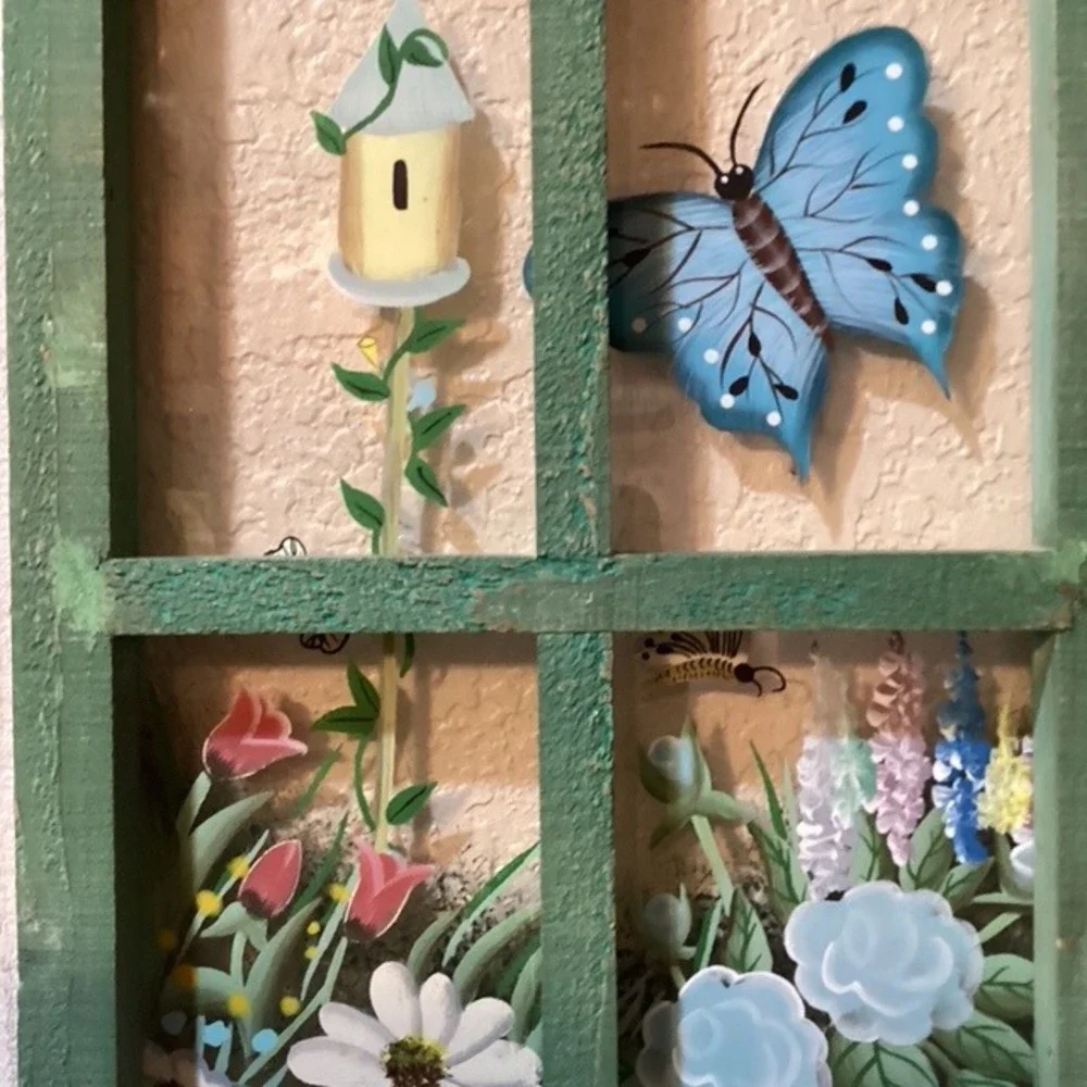 Charming Window Scene Shelf Wall Decor Butterfly Birdhouse‎ Flowers Garden Art